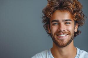 A young Caucasian man with curly hair and a beard smiles brightly, exuding warmth and confidence against a soft gray background. photo