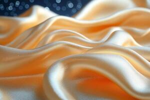 Flowing golden satin fabric with soft curves and a shimmering bokeh background. photo