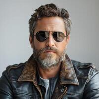A rugged middle-aged Caucasian man with a beard and sunglasses exudes confidence, sporting a leather jacket against a neutral backdrop. photo