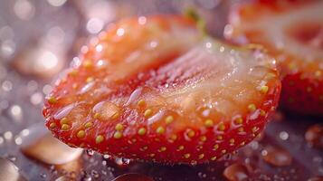 Close-up of a juicy red strawberry slice glistening with water droplets, showcasing its vibrant color and texture. photo