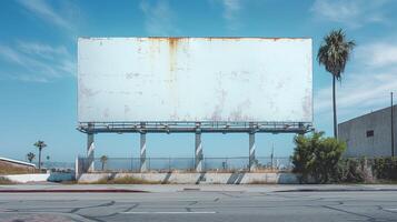 A weathered blank billboard under a clear blue sky, flanked by palm trees, evoking a sense of nostalgia and urban decay. photo