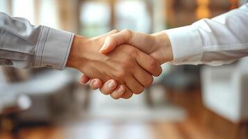 A close-up of a handshake between two individuals, symbolizing agreement and collaboration. photo