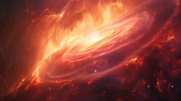 A breathtaking view of a cosmic nebula, with vibrant orange and fiery yellow swirling gases, highlighting the beauty of the universe. photo