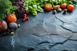 A vibrant assortment of fresh vegetables and herbs atop a dark slate background. photo