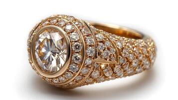 Exquisite gold ring adorned with sparkling diamonds, showcasing intricate craftsmanship and luxurious elegance. photo