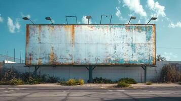 A weathered billboard stands against a bright blue sky, showcasing an aged and rusty surface with a hint of nature peeking through. photo