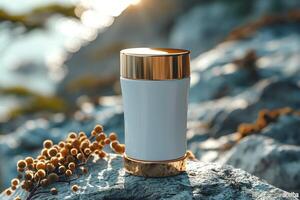 Elegant white and gold insulated bottle resting on a rocky surface with a soft sunlight background, evoking a serene outdoor atmosphere. photo