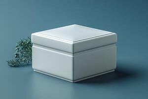 A minimalist square white box with a delicate green herb accent, set against a soothing teal background. photo