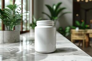 A modern, minimalistic white jar sits on a marble countertop surrounded by lush greenery. photo