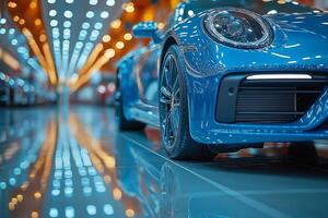 A sleek blue sports car showcased in a modern showroom, with dazzling lights reflecting on the polished floor. photo