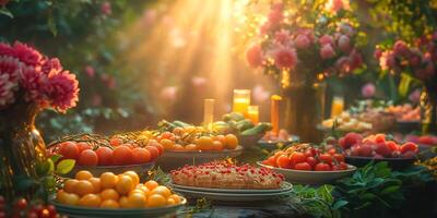 A vibrant display of fresh fruits and flowers illuminated by golden sunlight. photo