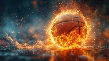 A dynamic basketball engulfed in flames, symbolizing energy and passion in sports. photo