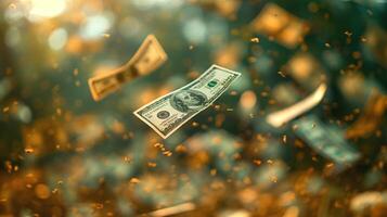 A hundred-dollar bill floating amidst a cascade of golden particles, symbolizing wealth and prosperity. photo