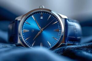 A close-up of a sophisticated men's dress watch featuring a striking blue dial and sleek leather strap. photo
