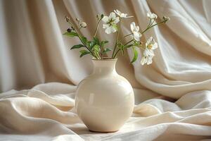 A serene still life featuring a traditional cream-colored vase with fresh white flowers against a soft, draped background. photo