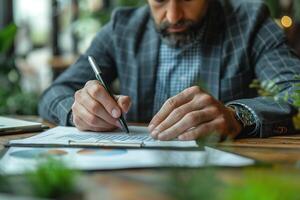 A middle-aged Caucasian man reviews documents and takes notes with a pen in a cozy, plant-filled office space. photo