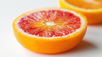 A vibrant orange fruit sliced open, revealing the juicy red interior, showcasing its fresh and succulent texture. photo