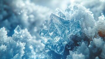 Close-up of shimmering blue crystals reflecting light in a delicate icy setting. photo
