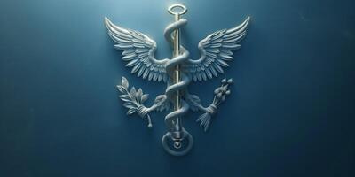 A stylized medical emblem featuring a winged caduceus and olive branches against a blue background. photo