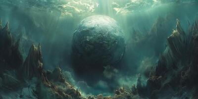 A mesmerizing underwater landscape showcasing a large planet illuminated from above, with mountains and ethereal light creating a surreal atmosphere. photo