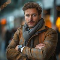 Handsome Caucasian man wearing a stylish coat and scarf, confidently posing with crossed arms in an urban setting. photo