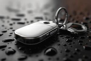 A sleek silver car key fob lies on a wet surface, reflecting the drops of water, conveying a sense of luxury and care. photo
