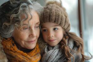 A loving connection between an elderly woman and a young girl, both warmly dressed against the winter backdrop. photo