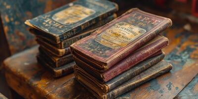A collection of vintage books stacked on a rustic wooden surface, showcasing intricate covers in rich, faded colors. photo