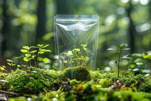 A vibrant green plant growing in a forest, protected by a clear, resealable bag, symbolizing conservation and growth. photo