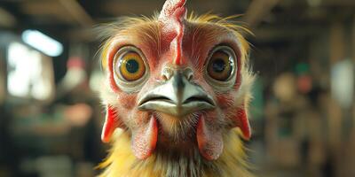 A close-up of a vibrant chicken with detailed feathers and expressive eyes in a rustic barn setting. photo
