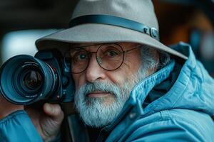 An elderly Caucasian man with a beard, wearing glasses and a hat, is holding a camera, ready to capture photos in nature.