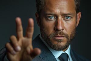 A striking portrait of a serious Caucasian man in a suit, exuding confidence and determination with intense blue eyes. photo
