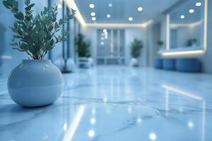 A serene interior space featuring a minimalist design, with a potted plant on a glossy marble floor. photo