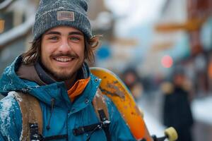 A smiling young Caucasian man in winter gear poses with a skateboard in a snowy urban setting. photo
