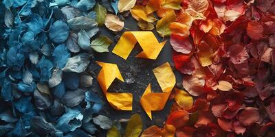 A vibrant still life featuring a recycle symbol surrounded by colorful dried leaves in shades of blue, orange, and red. photo
