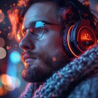A young Caucasian man with glasses enjoys music through glowing headphones, wrapped in a cozy sweater amidst vibrant bokeh lights. photo