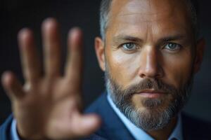 A serious Caucasian man with a beard extending his hand forward, showcasing confidence and determination. photo