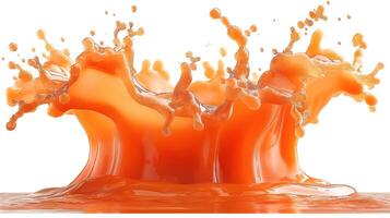 A vibrant splash of orange liquid, creating dynamic shapes and droplets against a white background. photo