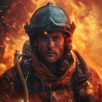 A determined male firefighter stands bravely against a blazing backdrop, symbolizing courage and resilience. photo