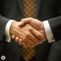 Two men engaging in a professional handshake, displaying unity and agreement in a corporate setting. photo