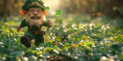 A joyful leprechaun with a beard running through a lush green field, celebrating with clovers around him. photo