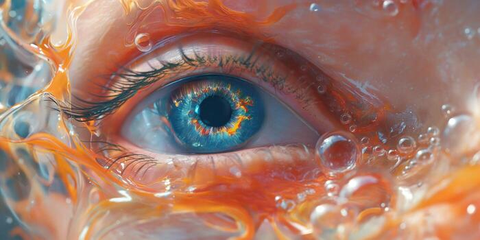 Close-up of a mesmerizing blue eye surrounded by swirling orange and water bubbles, creating an enchanting underwater effect. photo