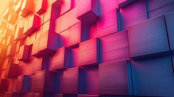 Colorful abstract wall with stacked 3D boxes in vibrant pink, purple, and blue shades, creating a modern visual effect. photo