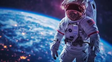 An astronaut floating in space against a beautiful backdrop of Earth, showcasing a sense of adventure and exploration. photo