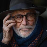 A thoughtful elderly Caucasian man wearing a hat and glasses, wrapped in a scarf, exuding wisdom and charm. photo
