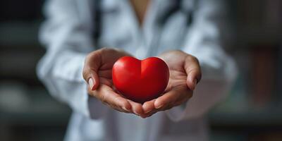 A healthcare professional, wearing a lab coat, holds a red heart symbol in their hands, symbolizing care and compassion in medicine. photo