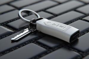 A modern car key fob with a key attached, resting on a sleek black tiled surface. photo