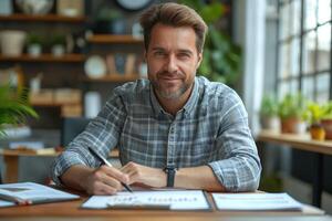 Smiling Caucasian man with a beard working on art projects at a bright, plant-filled workspace. photo
