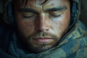 Portrait of a tired soldier resting with closed eyes, showcasing resilience and determination. photo