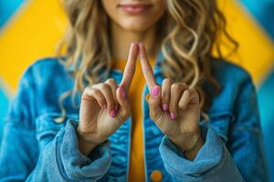 A young Caucasian woman playfully forms a triangle with her fingers, showcasing vibrant nail polish against a colorful background. photo